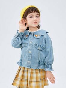 Balabala 女童春秋可愛花朵刺繡翻領牛仔夾克 - 中等水洗藍 - 查看 3