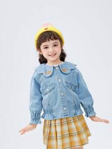 Balabala 女童春秋可愛花朵刺繡翻領牛仔夾克 - 中等水洗藍 - 查看 1