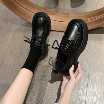 Chaussures Oxford en PU De Style Rétro Pour Femme Avec Semelles Épaisses Et Douces Et Lacets, Noires