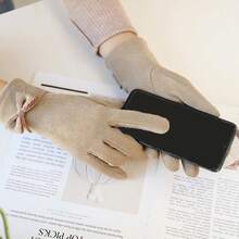 1pair Women's Fashionable Bow Knot Warm Windproof Thermal Lined Cycling Gloves - Khaki - View 7