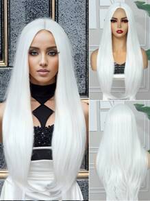 26英寸白紅色彩繽紛女士萬聖節假日派對化妝舞會裝飾用發燒假髮，呈現自然合成髮樣式。長時間照射萬聖節螢光棒後發光時間更長。適用於日常學校派對角色扮演節日聚會編織假髮用 - 白色 - 查看 1