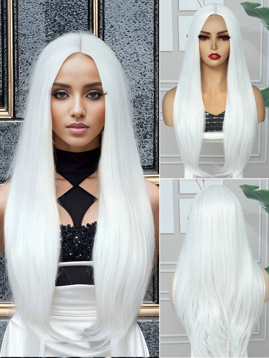 26英寸白紅色彩繽紛女士萬聖節假日派對化妝舞會裝飾用發燒假髮，呈現自然合成髮樣式。長時間照射萬聖節螢光棒後發光時間更長。適用於日常學校派對角色扮演節日聚會編織假髮用 - 白色 - 查看 1