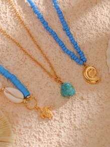 3pcs/Set Vintage Turquoise Summer Style Metal Necklace With Sea Shell & Turtle Pendant, Ladies' Glamorous & Fashionable Jewelry Set With Rhinestone & Faux Pearl & Soft Pottery Element - Multicolor - View 4