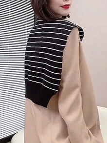 1入女士編織條紋小披肩，春秋季節人造羊絨暖頸肩保護套，時尚百搭打結外穿仿領子 - 黑色 - 查看 4