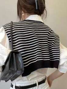 1入女士編織條紋小披肩，春秋季節人造羊絨暖頸肩保護套，時尚百搭打結外穿仿領子 - 黑色 - 查看 5