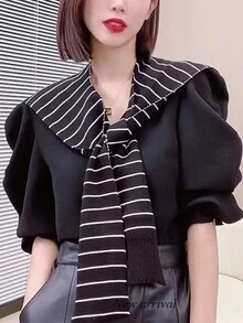 1入女士編織條紋小披肩，春秋季節人造羊絨暖頸肩保護套，時尚百搭打結外穿仿領子 - 黑色 - 查看 1