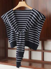 1入女士編織條紋小披肩，春秋季節人造羊絨暖頸肩保護套，時尚百搭打結外穿仿領子 - 黑色 - 查看 2