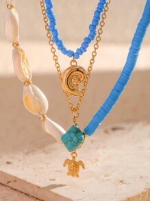 3pcs/Set Vintage Turquoise Summer Style Metal Necklace With Sea Shell & Turtle Pendant, Ladies' Glamorous & Fashionable Jewelry Set With Rhinestone & Faux Pearl & Soft Pottery Element - Multicolor - View 2