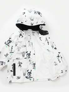 Balabala Young Boy Chinese Character&Landscape Pattern Button Zipper Front Flap Pocket Thermal Windproof Hooded Coat - White - View 5