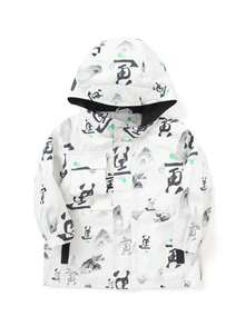 Balabala Young Boy Chinese Character&Landscape Pattern Button Zipper Front Flap Pocket Thermal Windproof Hooded Coat - White - View 3