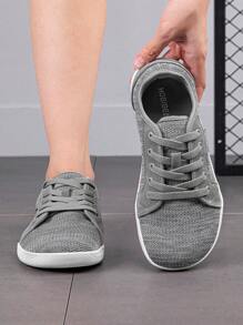 HOBIBEAR 女士宽头赤足鞋,灰色男女通用瑜伽鞋、健走鞋、帆布系带运动鞋,适合户外健身穿着 - 灰色 - 查看 3