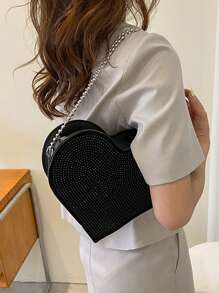 Bolsa cross body, corazon brilloso, correa metal - Negro - Ver 2