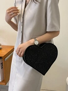 Bolsa cross body, corazon brilloso, correa metal - Negro - Ver 3