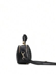 1pc Black Zipper Closure Multilayer Stylish Stitching Rounded Handbag With Bowknot Decor For Women Daily Use - Black - View 3