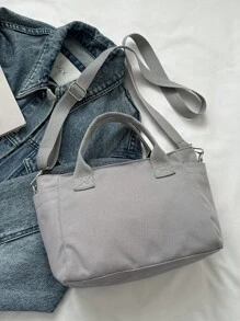 新款复古文艺帆布女士单肩包，大容量手提包 - 灰色 - 查看 7