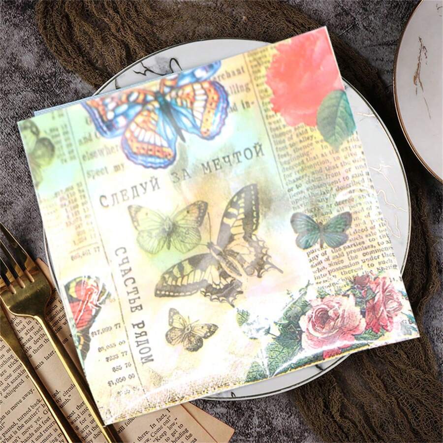 20入組優雅復古報紙蝴蝶一次性紙餐巾,生日、婚禮、寶寶派對、周年紀念日、訂婚、節日宴會用品,彩色蝴蝶午餐紙餐巾,為派對喝采 - 如圖所示 - 查看 1