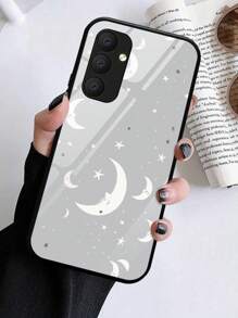 1pc Galaxy A54 Glass Phone Case With Ramadan Crescent Moon & Star Pattern, Compatible With Redmi, And Other Models - White - View 1
