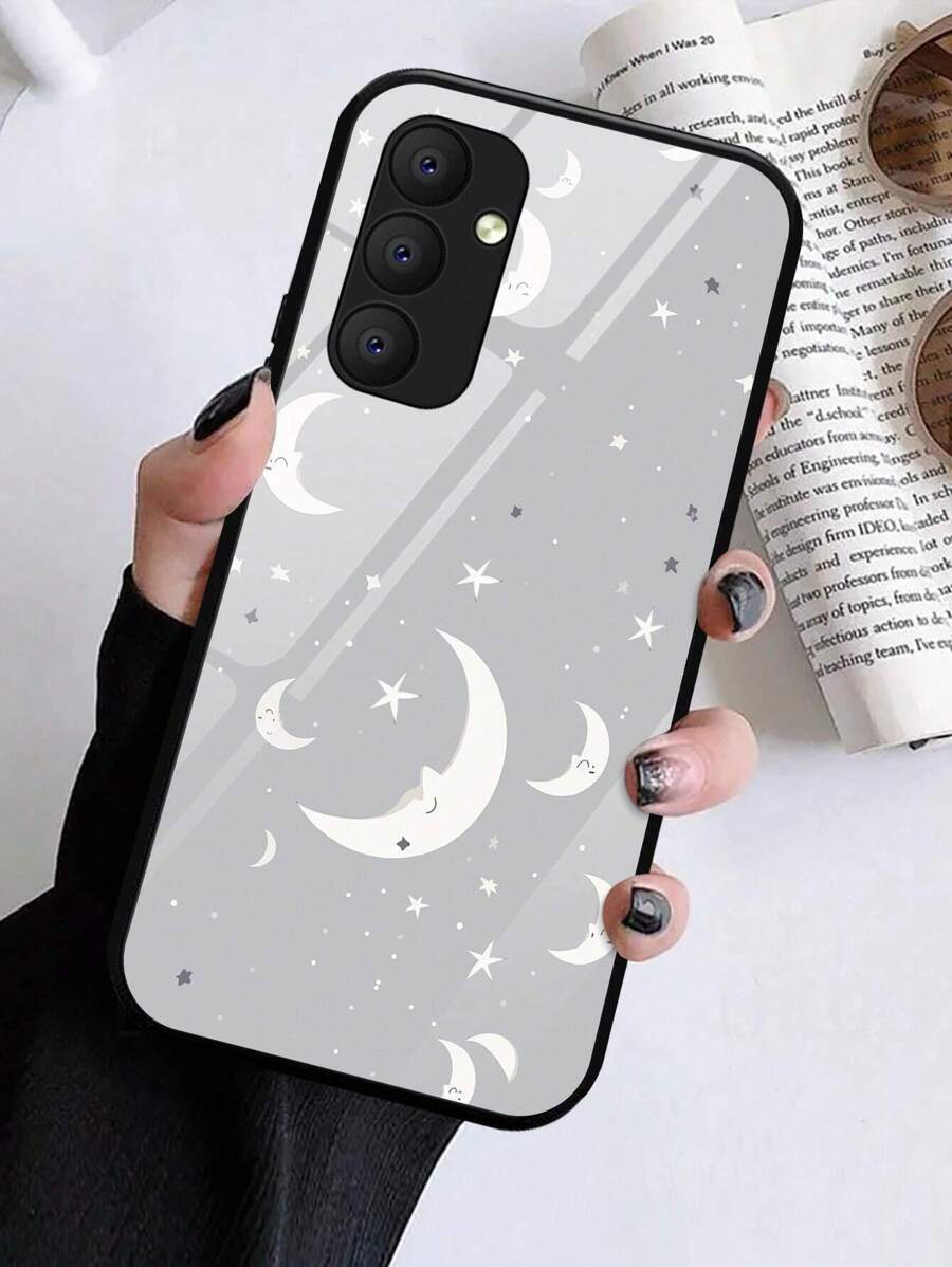 1pc Galaxy A54 Glass Phone Case With Ramadan Crescent Moon & Star Pattern, Compatible With Redmi, And Other Models - White - View 1