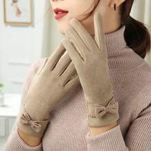 1pair Women's Fashionable Bow Knot Warm Windproof Thermal Lined Cycling Gloves - Khaki - View 4
