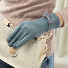 1pair Women's Fashionable Bow Knot Warm Windproof Thermal Lined Cycling Gloves - Khaki - View 3