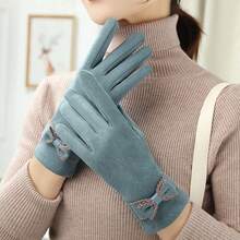 1pair Women's Fashionable Bow Knot Warm Windproof Thermal Lined Cycling Gloves - Khaki - View 2