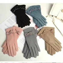 1pair Women's Fashionable Bow Knot Warm Windproof Thermal Lined Cycling Gloves - Khaki - View 5
