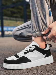 Men's Anti-slip Litchi Pattern Letter Graphic Mixed Color Lace-up Sports Shoes, Outdoor Skateboarding Sneakers - Black and White - View 4