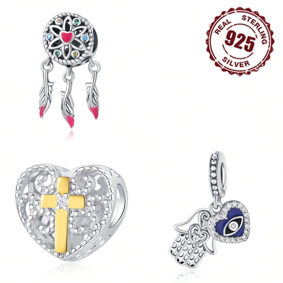 1件925纯银锆石个性化十字架串珠吊坠，2023爆炸设计，适合女孩，可搭配手链、项链，DIY饰品，周年纪念日生日礼物