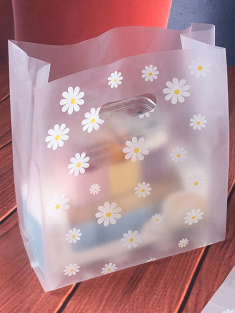 10 件雏菊印花塑料礼品袋，圣诞节情人节 - 白色 - 查看 1