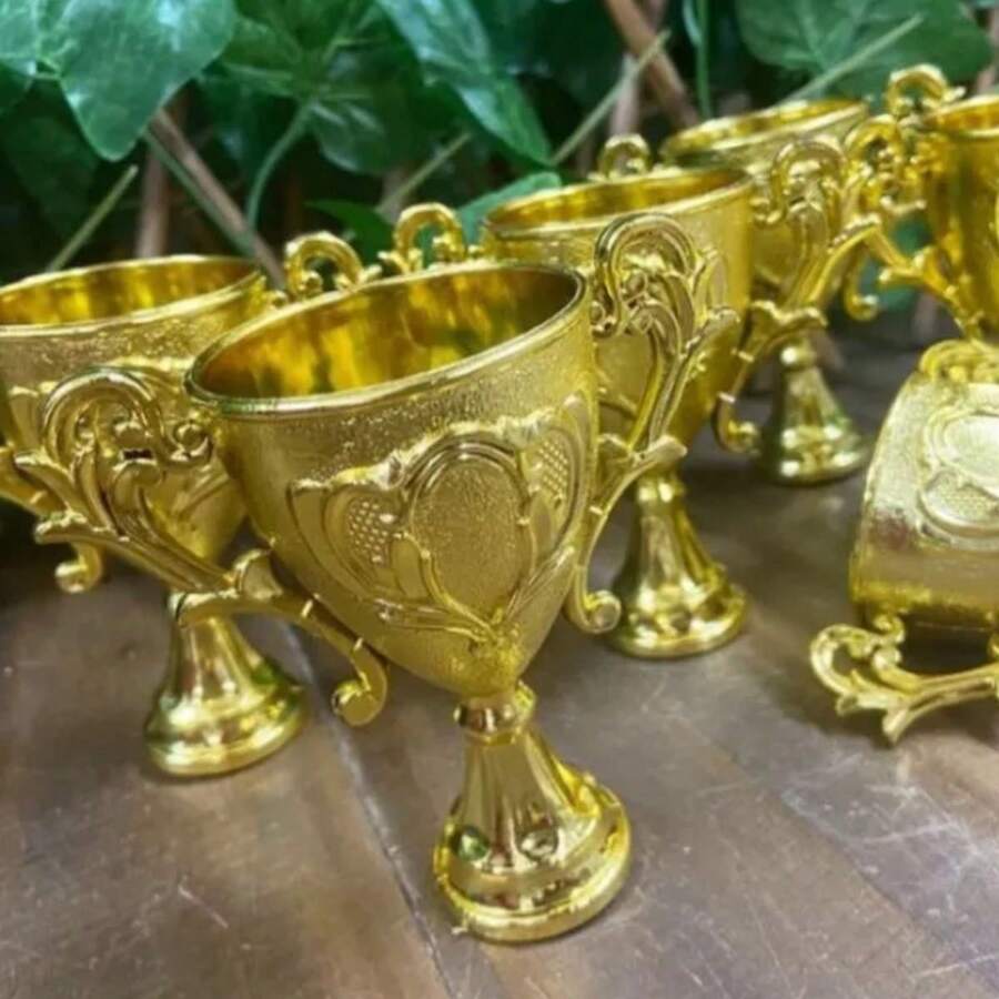 12 Mini Troféu Dourado Taça Decoração Luxo Festa Futebol XL3511 - Dourado - Visão 1