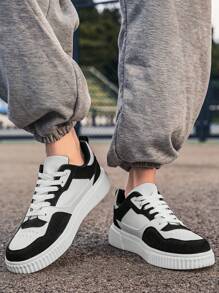 Men's Anti-slip Litchi Pattern Letter Graphic Mixed Color Lace-up Sports Shoes, Outdoor Skateboarding Sneakers - Black and White - View 6