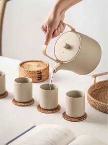 1pc Plain Round Placemat, Woven Design Vintage Insulation Mat, Coaster For Home - Khaki - View 9