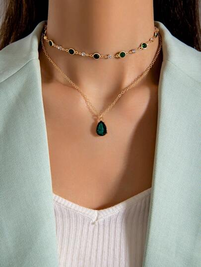 imoli 2pcs/set Gorgeous Alloy Geometric & Circular Rhinestone Chain With Waterdrop-shaped Pendant Necklace For Women's Evening Party Gift (handmade Chain Cut According To Size, Number Of Rhinestones Is Not Fixed)