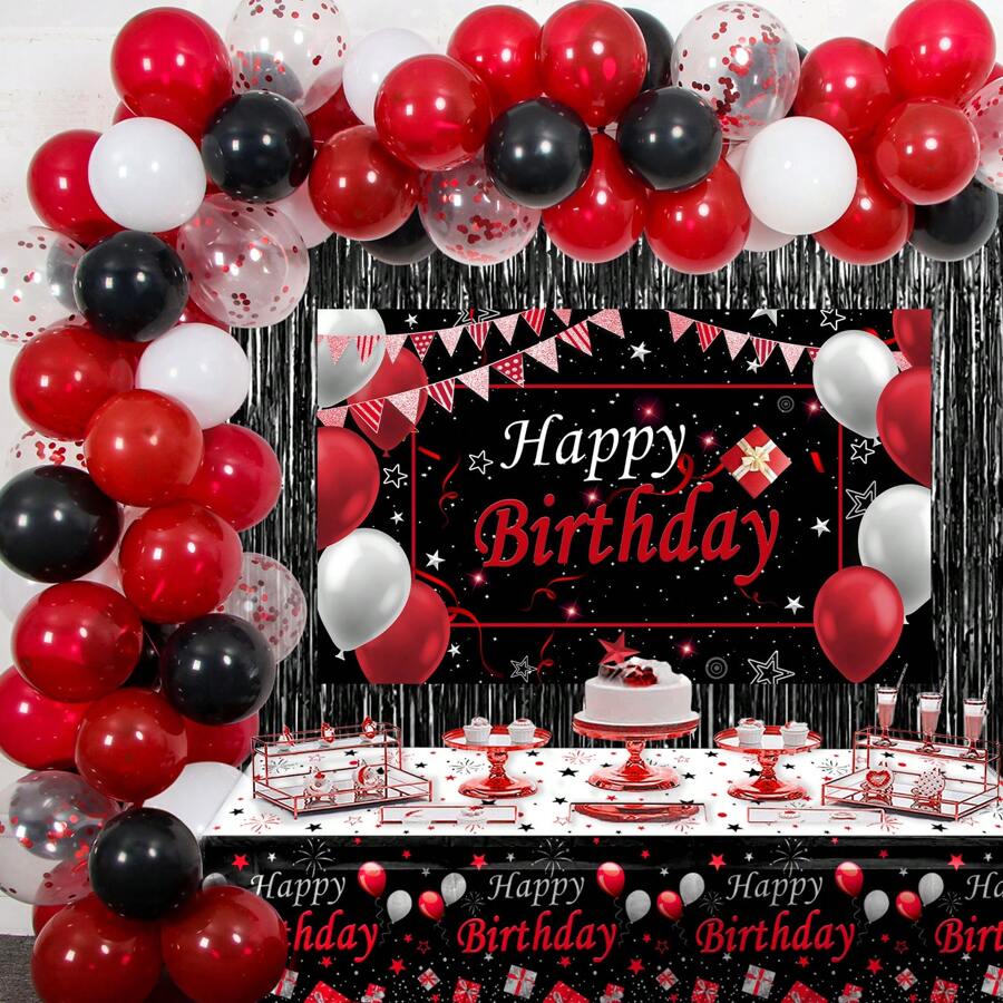 rojo con negro Decoraciones de cumpleaños para hombres Mujer , feliz Decoraciones de cumpleaños Chicos Chicas fiesta Decoración Fondo & Mantel globos de arco Kit confeti globos con fleco Cortinas Mantel - Rojo - Ver 1