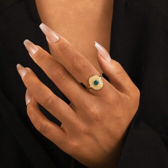 Dellgoo 1入極簡復古不鏽鋼金色開口可調節戒指，圓形太陽和油滴設計，適用於女士