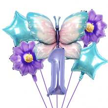 7 件裝卡通彩色蝴蝶、紫色花朵、數字鋁箔氣球套裝適合兒童生日、派對裝飾 - 讓您的派對更加迷人 - 彩色 - 查看 4