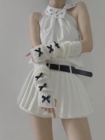 1 Pair Women's Ballet Style White Arm Warmers, Winter Warm Knit Black Gloves, Y2K Millennial Japanese-Style Simple Fingerless Gloves/Sleeves With Bowknot Decorations, Suitable For Daily Wear/Dating/Home/Going Out Witch HalloweenCold Gloves Y2k Valentine's Day