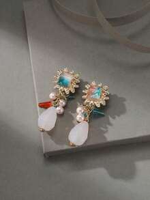 1對波西米亞風格白色向日葵設計耳夾、耳環、掛耳 - 白色 - 查看 3