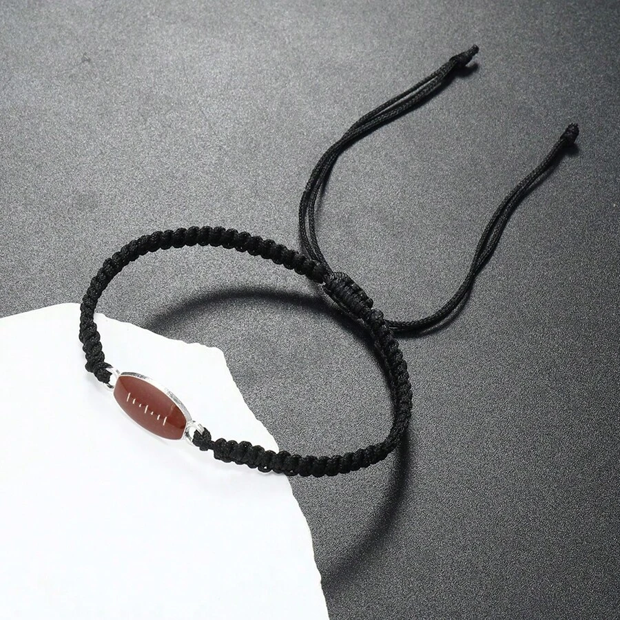 1pc Fashionable Handmade Braided Men's Bracelet, Simple Rugby Team Sports Fan Accessory - Black - View 1