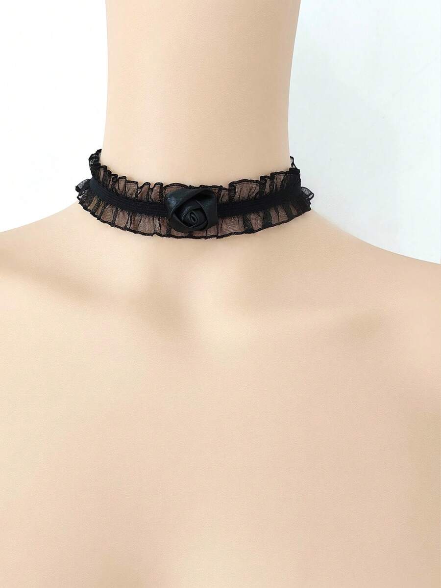 1個創意花邊玫瑰吊墜項鍊,女性用哥特式項圈適用於萬聖節 - 黑色 - 查看 1