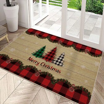1件装红黑边框圣诞主题门垫，现代吸水防滑室内入口地毯，圣诞装饰，红色地毯，吸水防滑亚麻材质黄麻地毯，户外门垫，圣诞礼物，装饰地毯，入口鞋底刮泥垫，泡沫垫，防尘防污前门垫，迎宾垫，适用于圣诞节、假日、客厅、卧室、厨房、室内入口等场所。