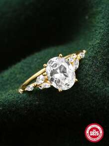 1入組經典六爪爪鑲立方氧化鋯圓環適合女士,S925純銀,理想適用於訂婚和婚禮