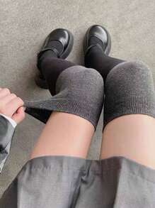 2雙/套女士舒適黑色和灰色接軌越膝保暖襪,適用於秋冬季節 - 彩色 - 查看 3