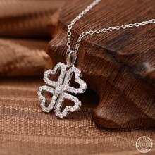 1 件女士四叶草吊坠项链心形项链 100% 纯银微镶嵌 2 毫米和 1.3 毫米圆形方晶锆石周年生日珠宝礼物 18 英寸