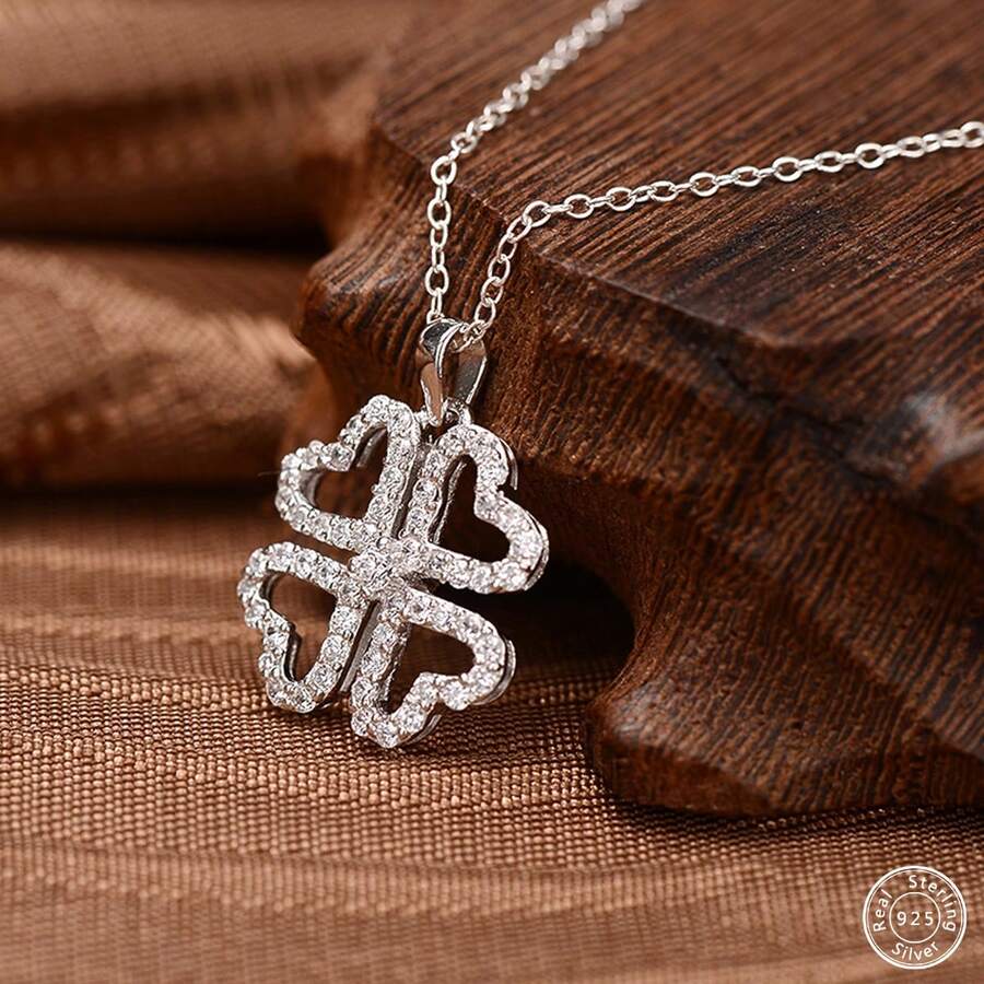 1 件女士四叶草吊坠项链心形项链 100% 纯银微镶嵌 2 毫米和 1.3 毫米圆形方晶锆石周年生日珠宝礼物 18 英寸