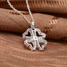 1 件女士四叶草吊坠项链心形项链 100% 纯银微镶嵌 2 毫米和 1.3 毫米圆形方晶锆石周年生日珠宝礼物 18 英寸