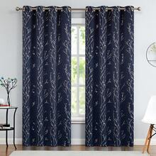 2 panels of Vangao silver branch foil print blackout curtains for living room bedroom - Màu xanh hải quân - Xem 1
