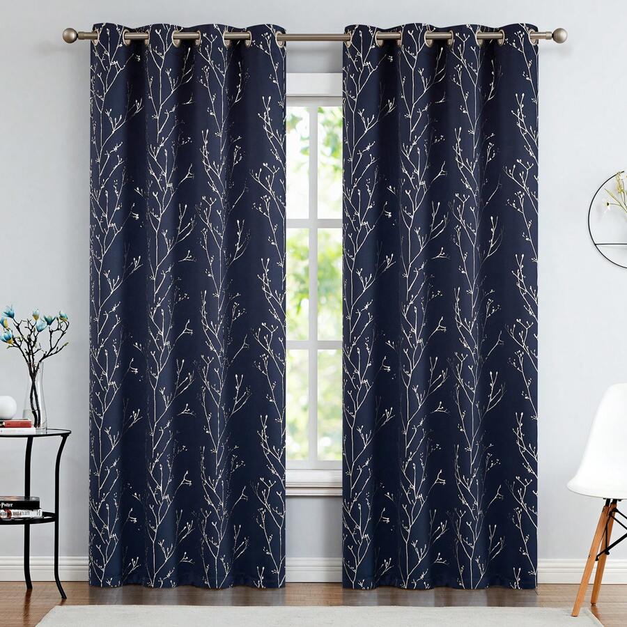 2 panels of Vangao silver branch foil print blackout curtains for living room bedroom - Màu xanh hải quân - Xem 1