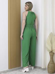Macacão Longo Pantalona Com Cinto com bolsos tecido duna trabalho casual festa - Verde - Visão 2