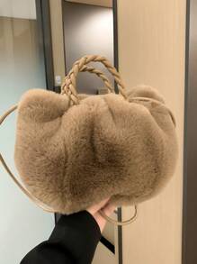 蓬鬆、毛絨、柔軟、毛絨 1入組素色毛絨質感手提包，適合女士日常裝扮，適合女孩、女士、大學生、菜鳥和白領，適合工作、辦公室、通勤、秋冬、暖冬, 秋季 , 冬季必備 - 灰色 - 查看 3